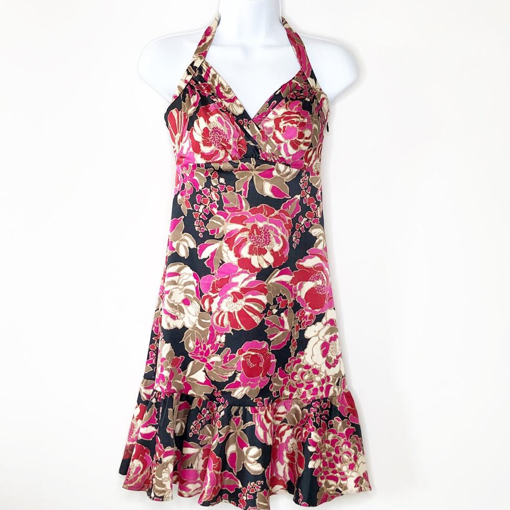 Guess Halter Dress 3 Floral Stretchy Mini Ruffle Hem Tie Back Side Zip Pink
